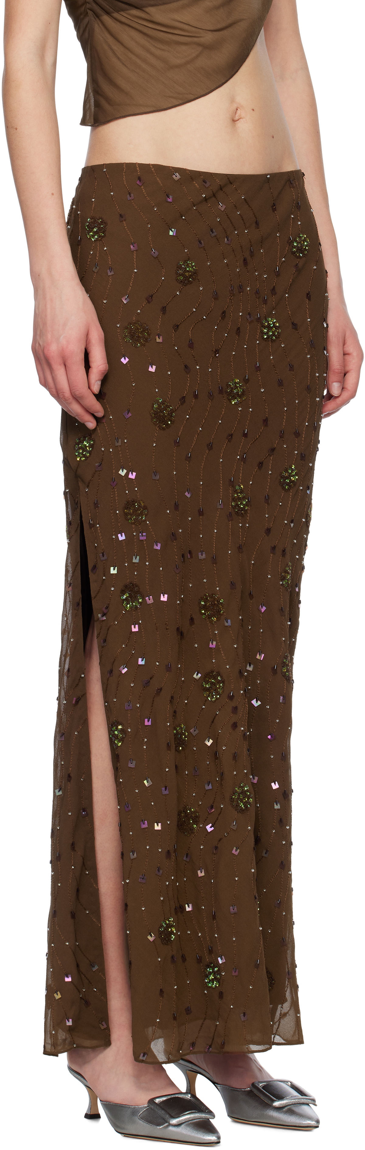 Mirror Palais Brown Beaded Maxi Skirt