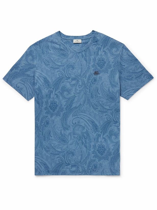 Photo: Etro - Logo-Embroidered Paisley-Print Cotton-Jersey T-Shirt - Blue