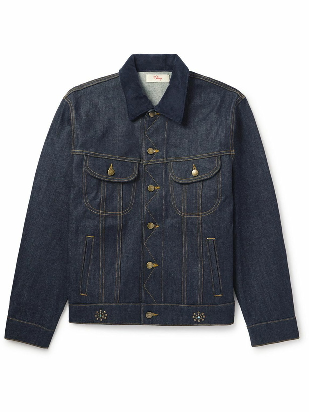 Photo: Cherry Los Angeles - Cotton-Blend Corduroy-Trimmed Embellished Denim Jacket - Blue