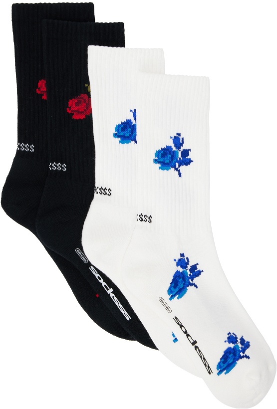 Photo: SOCKSSS Two-Pack Black & White Blue Rosebush Socks