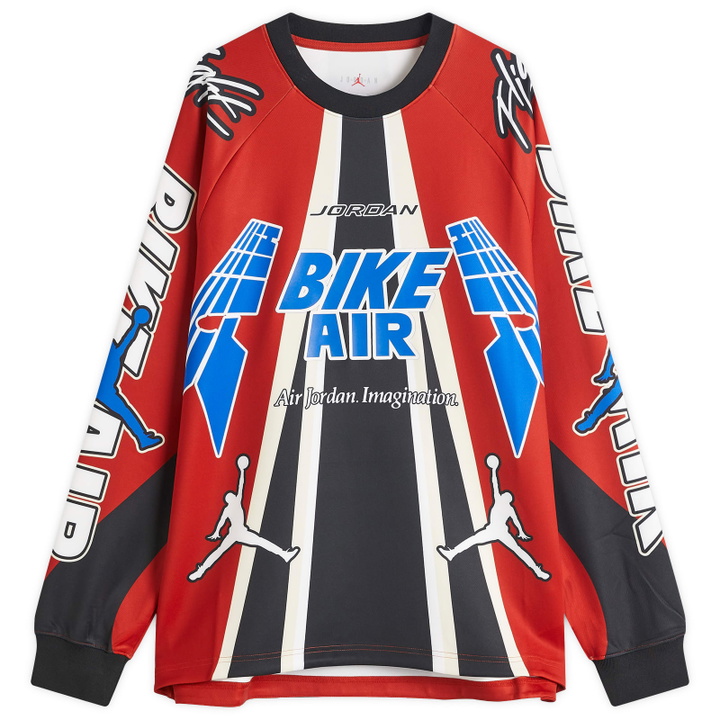 Photo: Air Jordan x Nigel Sylvester M J Bike Jersey in Cinnabar/Black/Lyon Blue
