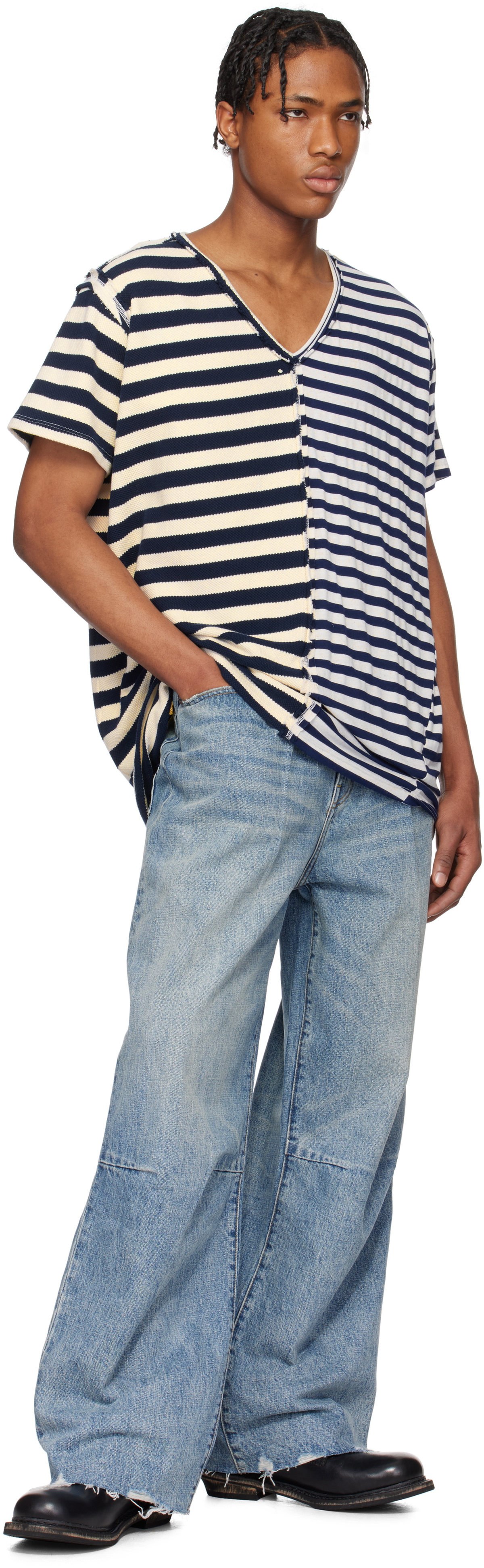 Greg Lauren Navy & Off-White Slit Striped T-shirt