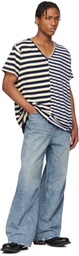 Greg Lauren Navy & Off-White Slit Striped T-shirt