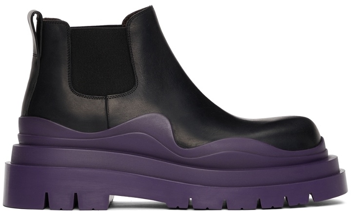 Photo: Bottega Veneta Black & Purple Low 'The Tire' Chelsea Boots