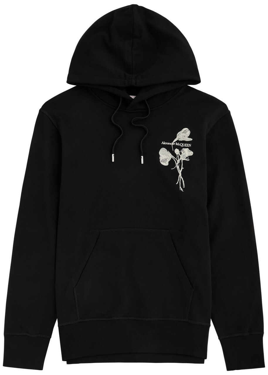 Alexander Mcqueen Floral Embroidered Hooded Cotton Sweatshirt Black