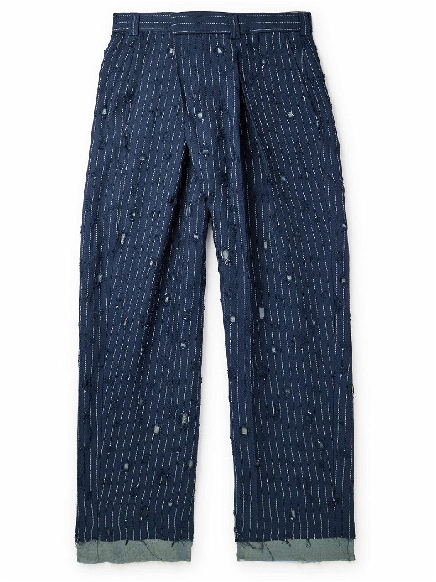 Photo: Acne Studios - Straight-Leg Distressed Pinstriped Woven Trousers - Blue