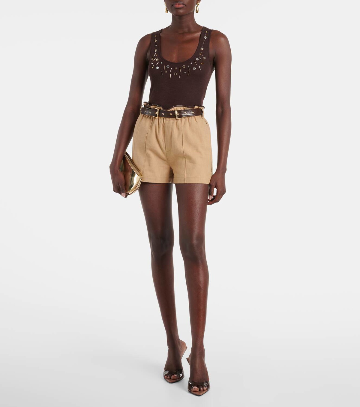 Xu Zhi Belted faux leather-trimmed shorts