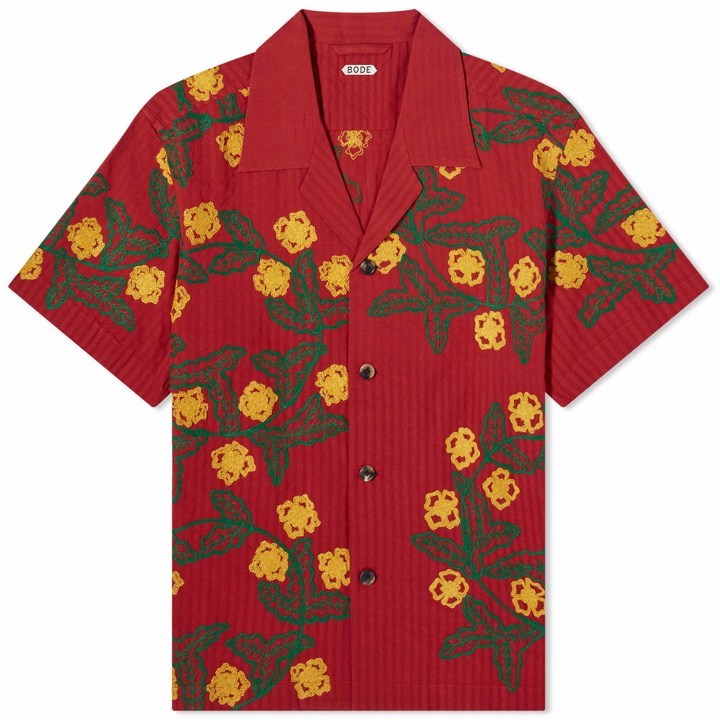 Photo: Bode Men's Marigold Wreath Vacation Shirt in Red