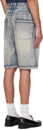 We11done Blue Embroidery Washed Denim Shorts