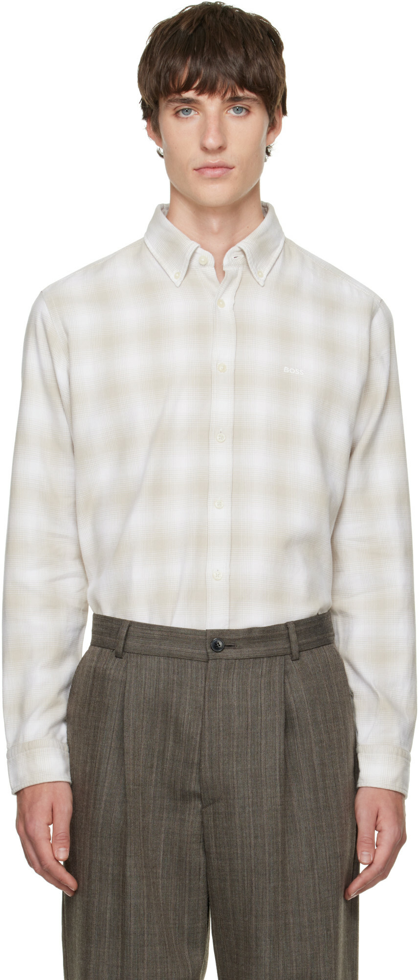 BOSS Beige Regular-Fit Button-Down Check Flannel Shirt