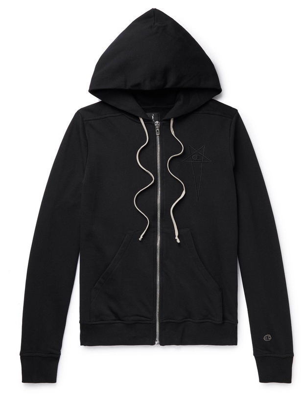 Photo: RICK OWENS - Champion Jason's Logo-Embroidered Loopback Cotton-Jersey Zip-Up Hoodie - Black - M