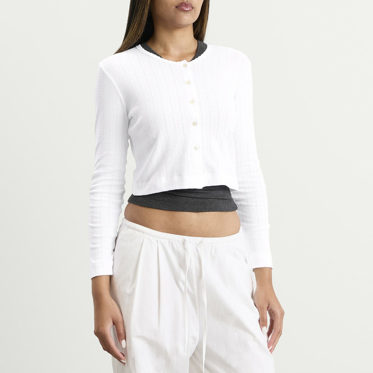 LESET Women's Pointelle Crop Cardigan in White