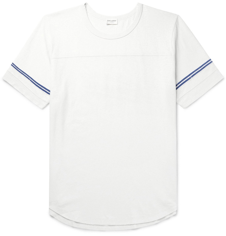 Photo: SAINT LAURENT - Logo-Flocked Stripe-Trimmed Distressed Cotton-Jersey T-Shirt - White
