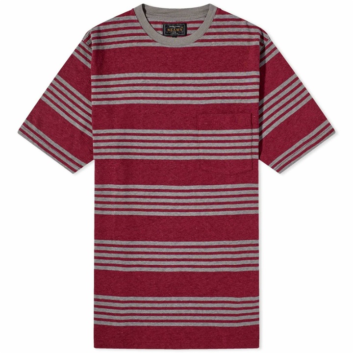 Photo: Beams Plus Men's Stripe Nep Pocket T-Shirt in Burgundy