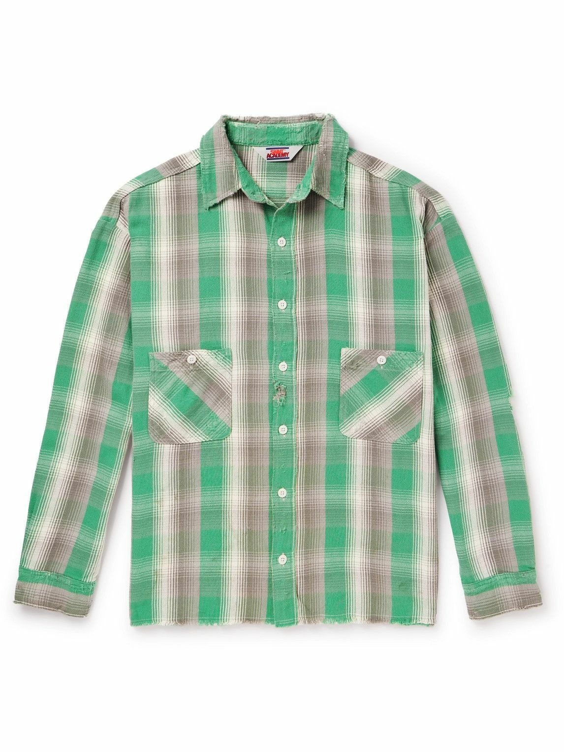 Photo: SAINT Mxxxxxx - Shermer Academy Distressed Checked Cotton-Flannel Shirt - Green