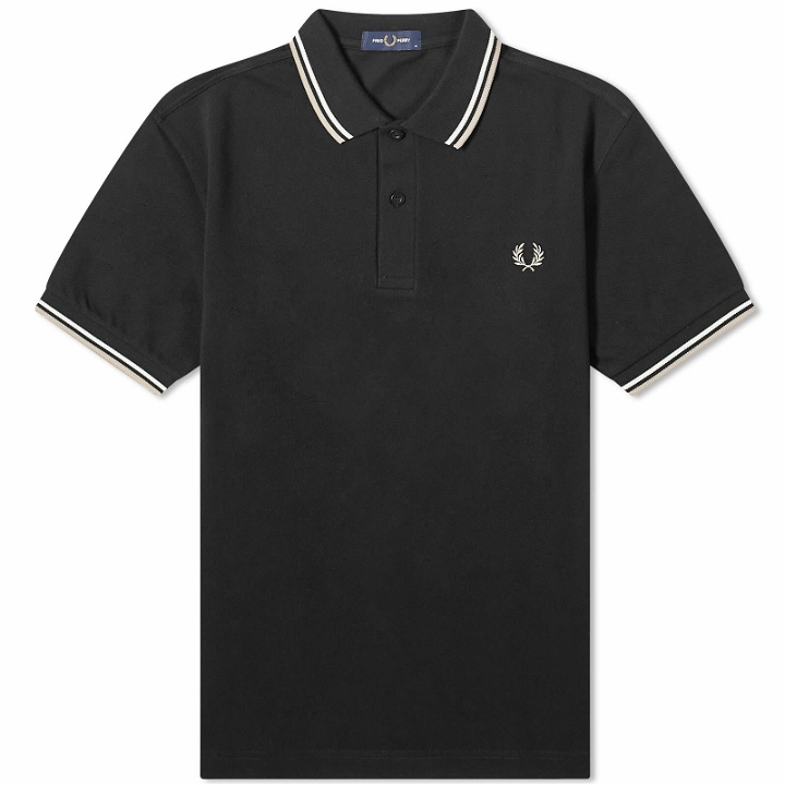 Photo: Fred Perry Men's Twin Tipped Polo Shirt in Black/Snow/Warm Grey