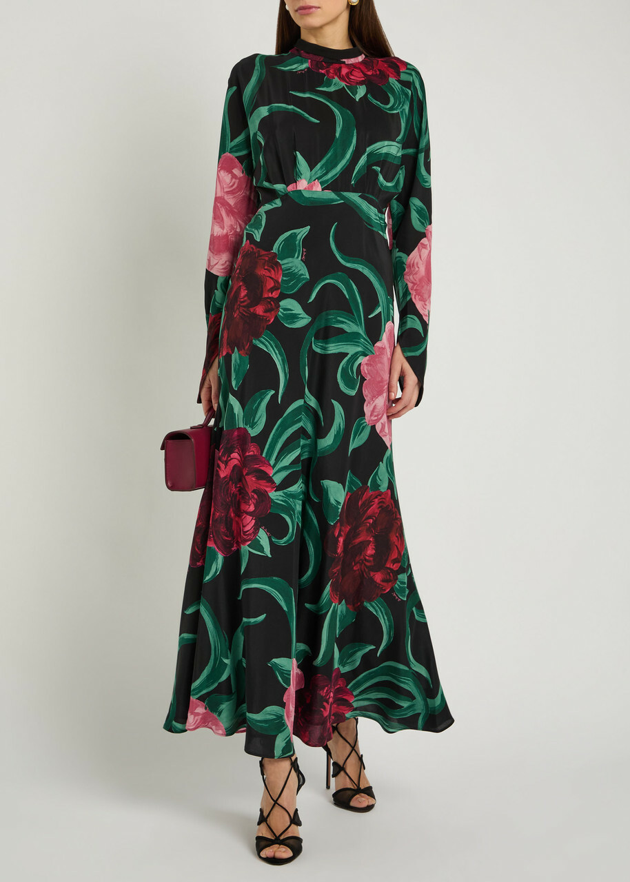 LA Double J Gilda Floral-print Silk Maxi Dress Black