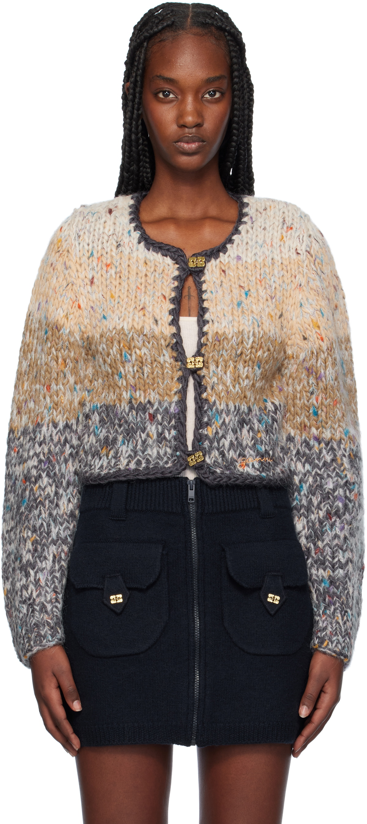 GANNI Beige Hand-Knit Cropped Cardigan GANNI
