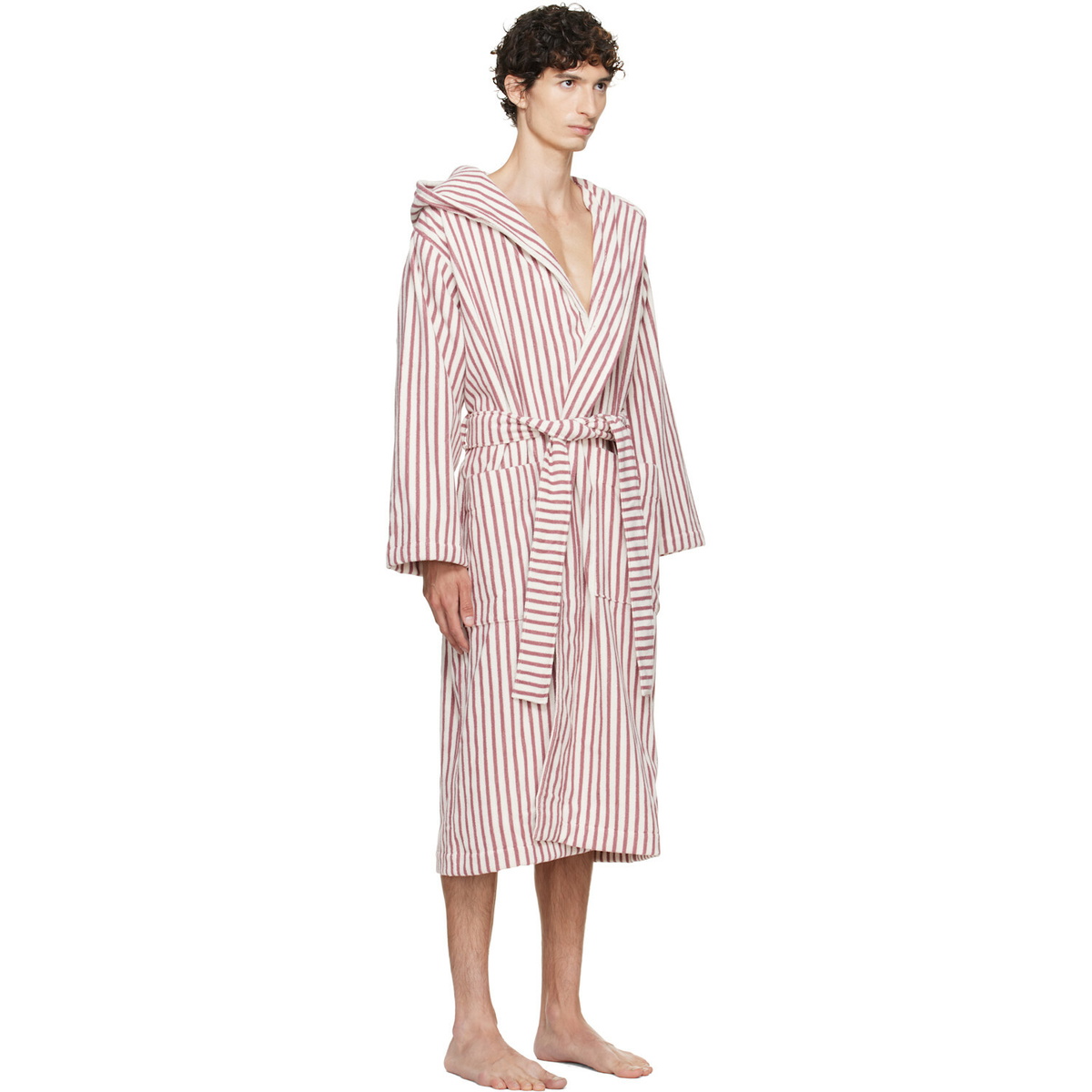 Tekla Pink & Off-White Terry Hooded Bathrobe