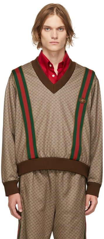 Photo: Gucci Brown Jersey Mini GG V-Neck Sweater