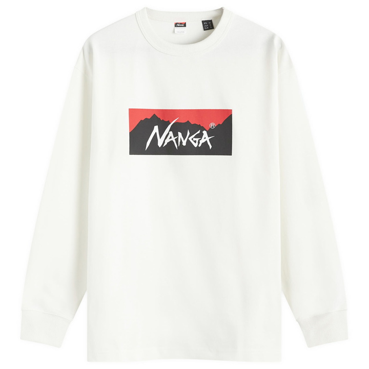 Photo: Nanga Men's Long Sleeve Eco Hybrid Box Logo T-Shirt in White