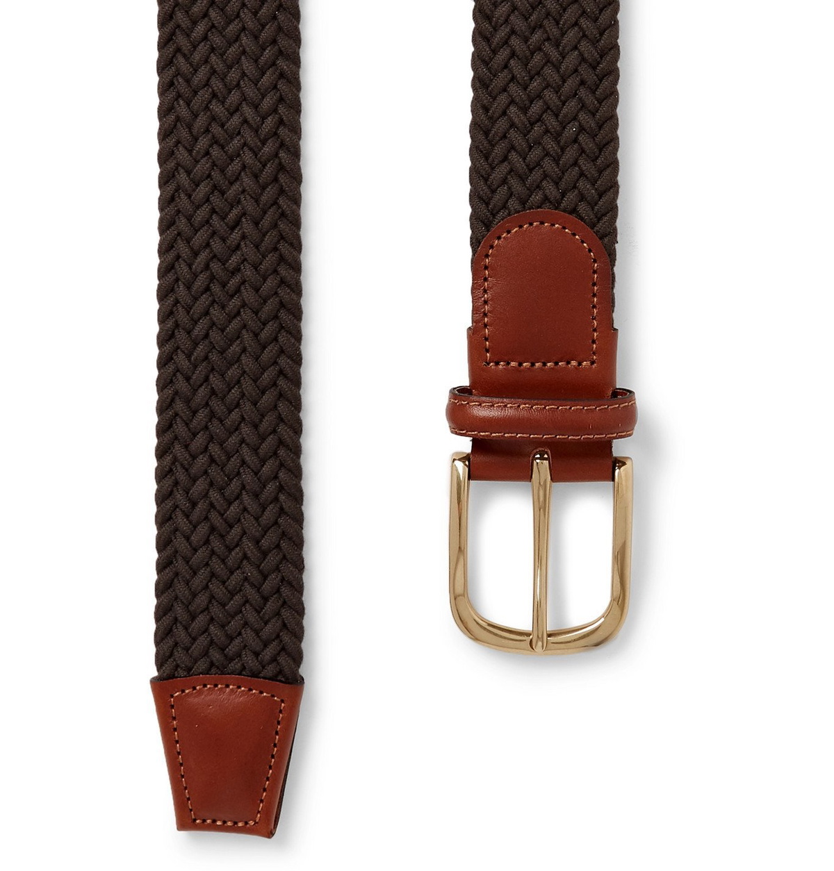 Anderson & Sheppard - 3.5cm Leather-Trimmed Woven Elastic Belt - Brown