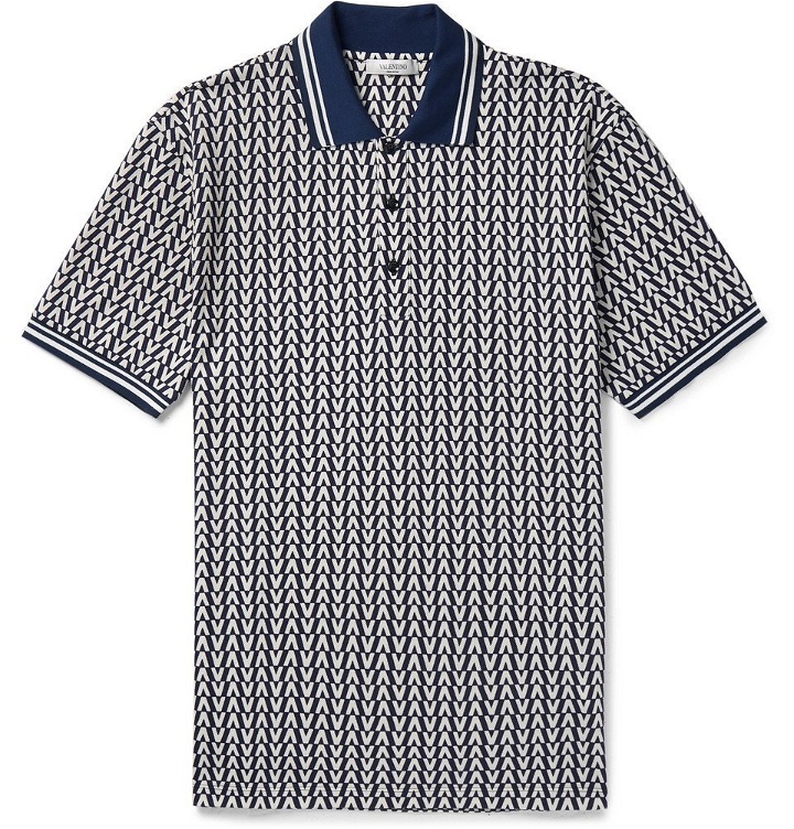 Photo: Valentino - Stripe-Trimmed Logo-Jacquard Cotton-Piqué Polo Shirt - Men - Navy