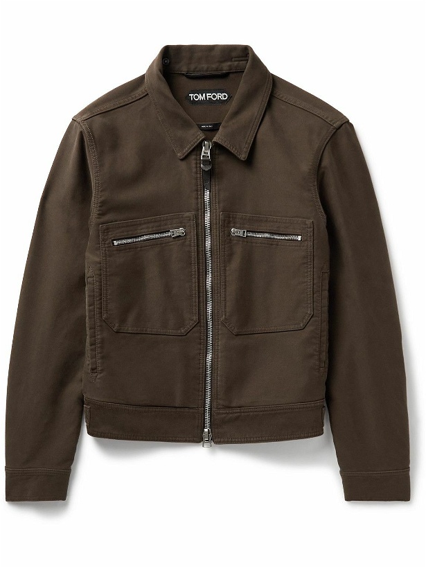 Photo: TOM FORD - Leather-Trimmed Brushed-Cotton Trucker Jacket - Brown