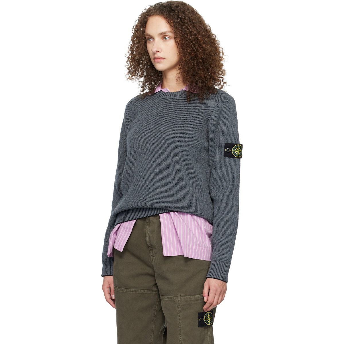 Stone Island Gray 5100033 Plated Rib Cotton Bouclé Sweater