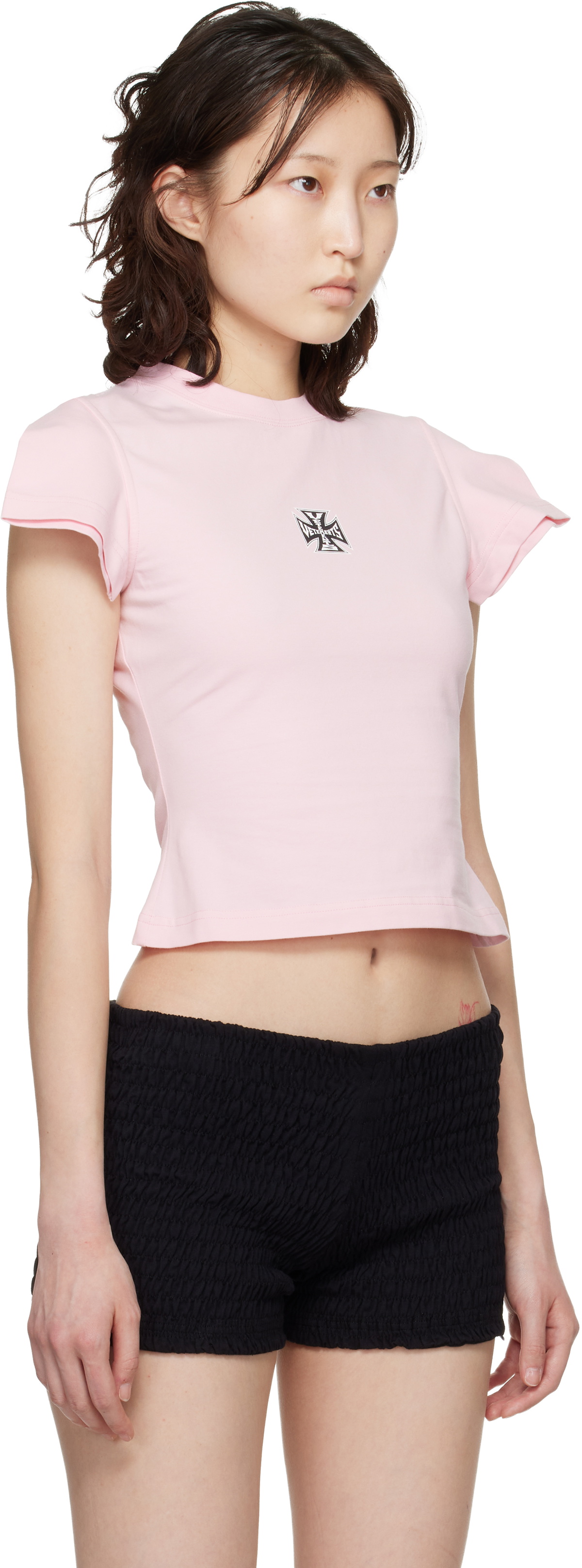 VETEMENTS Pink Biker Cross Logo Front Sleeve T-shirt