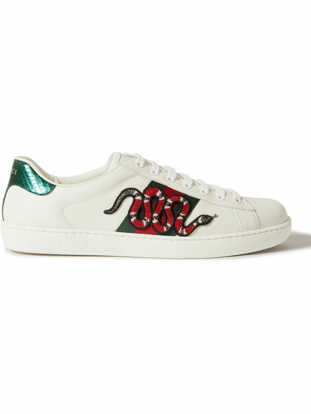 Photo: GUCCI - Ace Watersnake-Trimmed Appliquéd Leather Sneakers - White