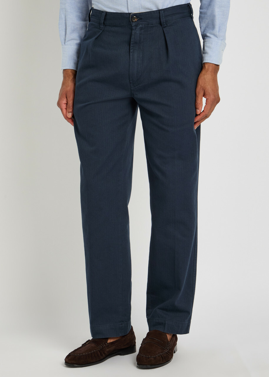 Drake's Herringbone Tapered-leg Trousers Navy