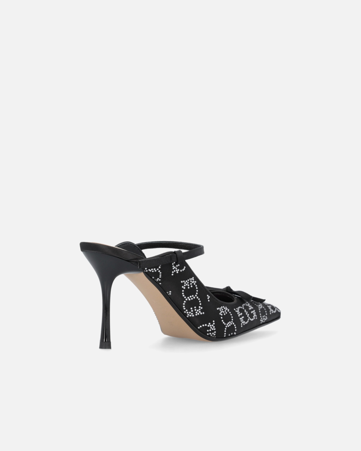 Pinko Rhinestoned Satin Slip Ons With Heel Limo Black