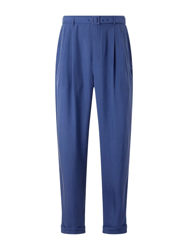 Photo: SAINT LAURENT - Tapered Belted Pleated Silk Trousers - Blue