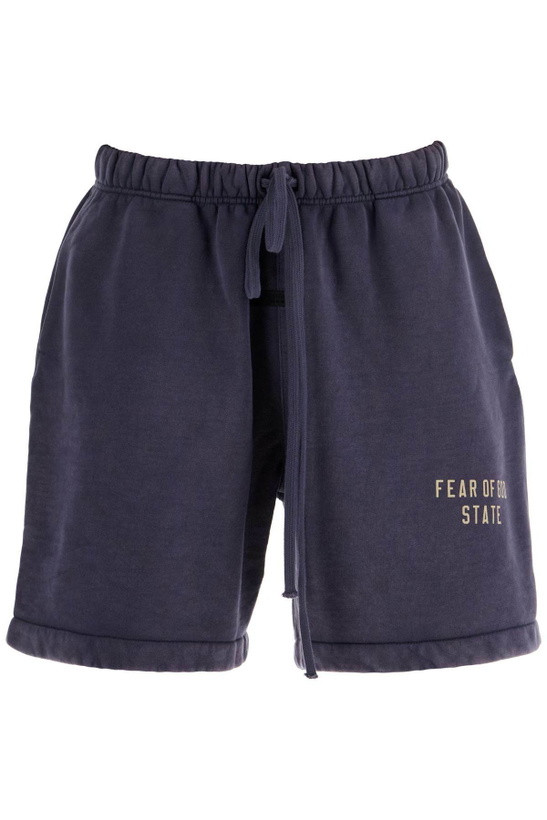 Photo: FEAR OF GOD ESSENTIALS high-waisted navy blue cotton sports shorts Blue