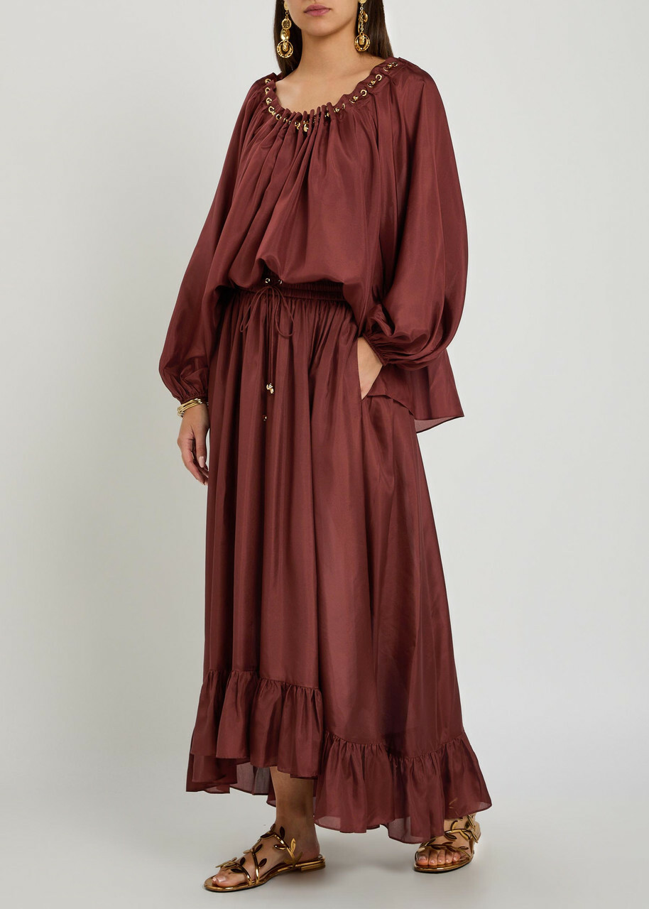 Zimmermann Aster Gathered Silk Blouse Dark Red