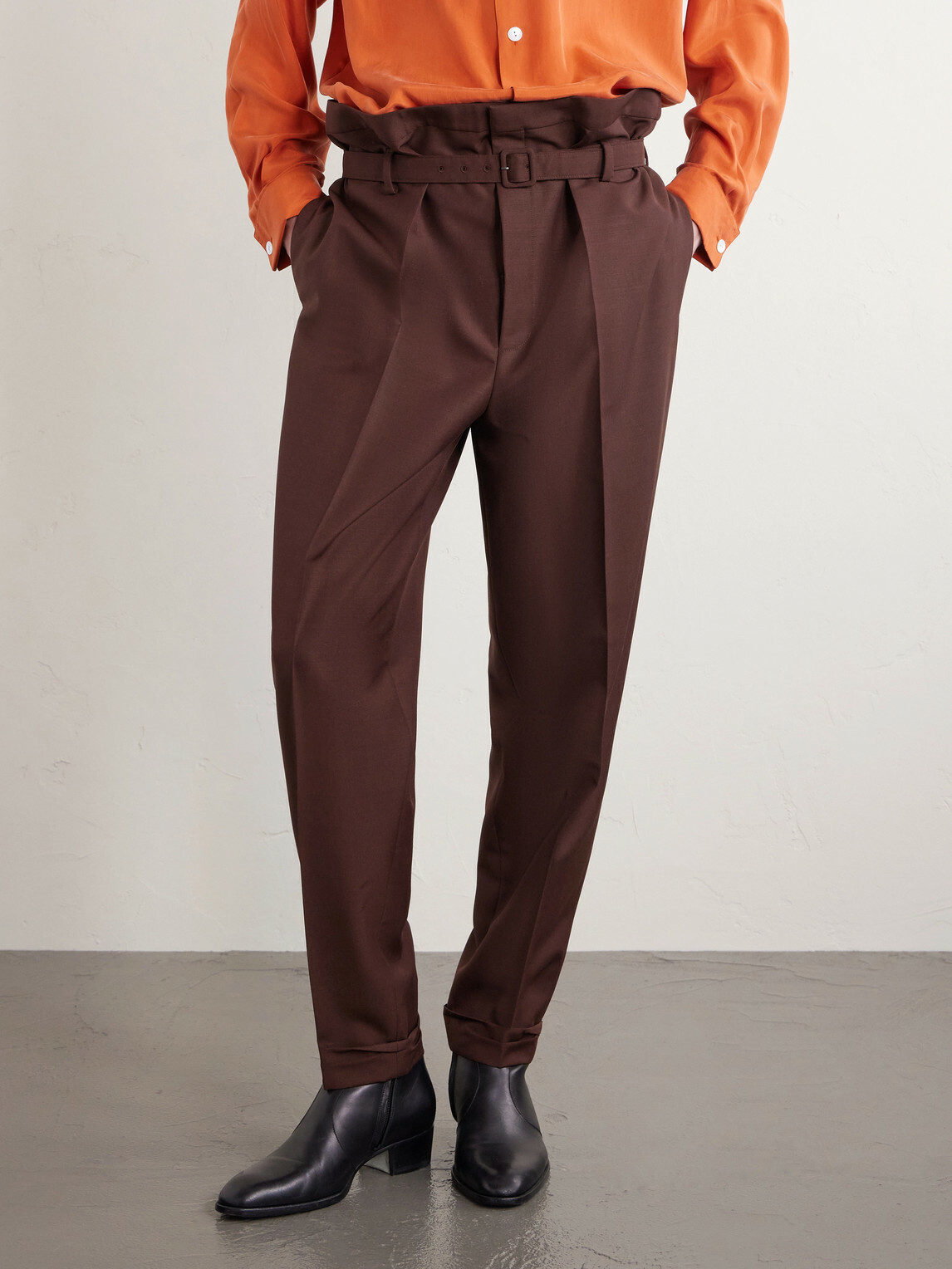 SAINT LAURENT - Tapered Belted Pleated Wool and Mohair-Blend Trousers - Brown