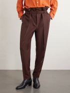 SAINT LAURENT - Tapered Belted Pleated Wool and Mohair-Blend Trousers - Brown