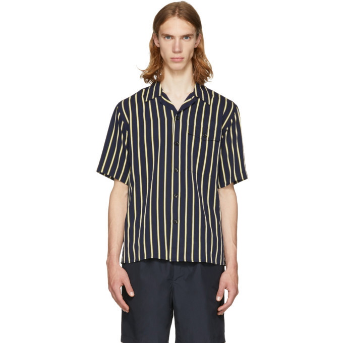 Photo: AMI Alexandre Mattiussi Navy and Yellow Stripe Short Sleeve Shirt