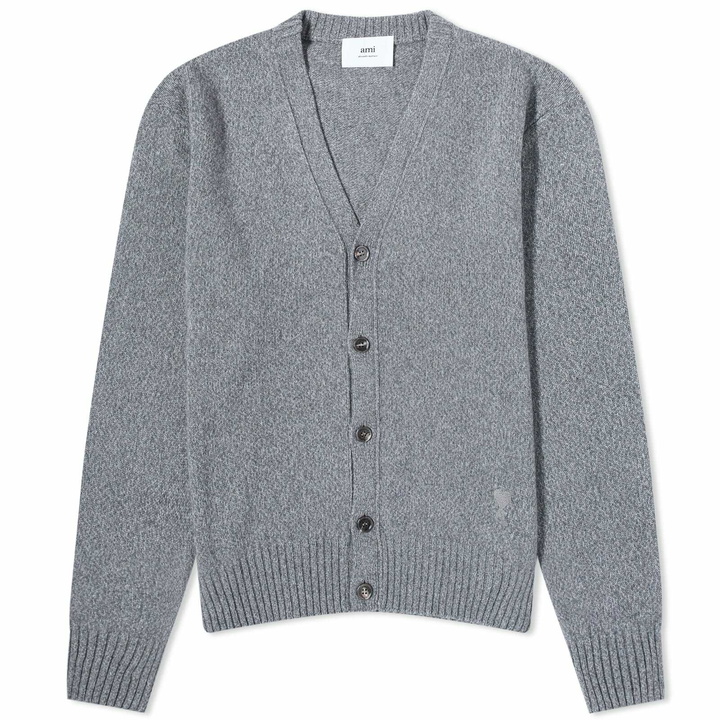 Photo: AMI Paris Men's Tonal Heart Cashmere Cardigan in Heather Grey