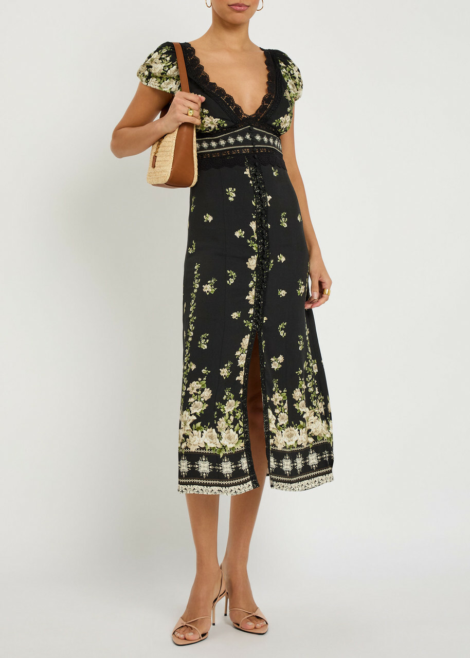 Alice + Olivia Rose Floral-print Crepe Midi Dress Black