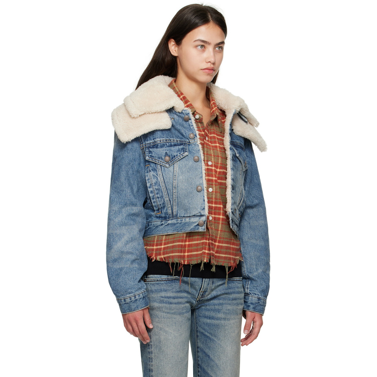 R13 Blue Double Collar Sherpa Denim Trucker Jacket