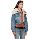 R13 Blue Double Collar Sherpa Denim Trucker Jacket