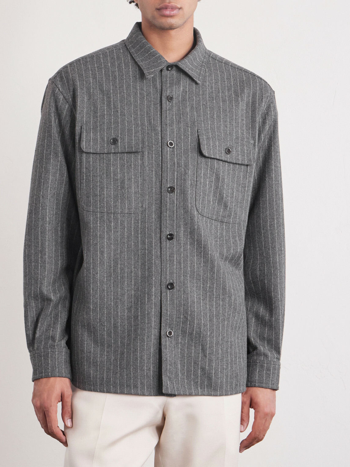 Ralph Lauren Purple label - Pinstriped Super 150s Wool-Flannel Shirt - Gray