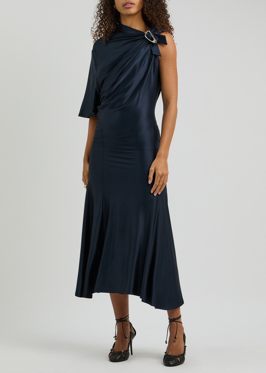 Rabanne Asymmetric Satin-jersey Midi-dress Navy Paco Rabanne