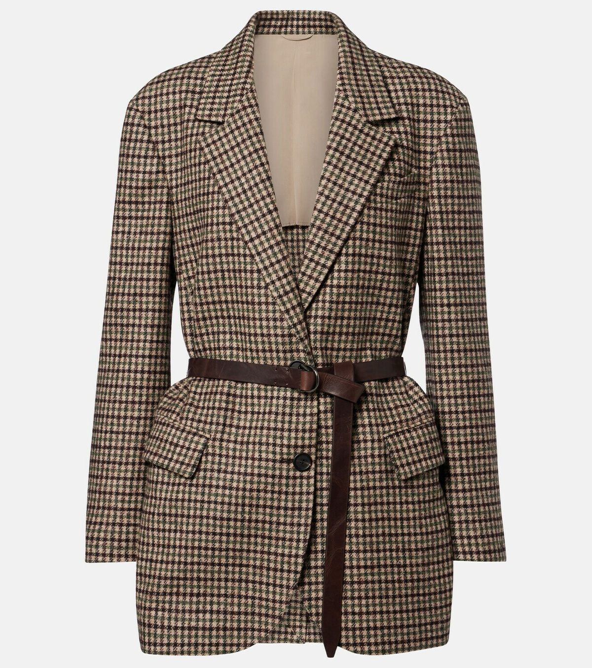 Brunello Cucinelli Belted checked wool and alpaca-blend jacket
