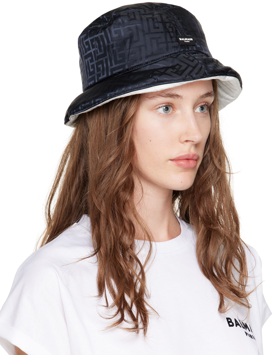 Balmain Reversible White & Black Monogram Bucket Hat