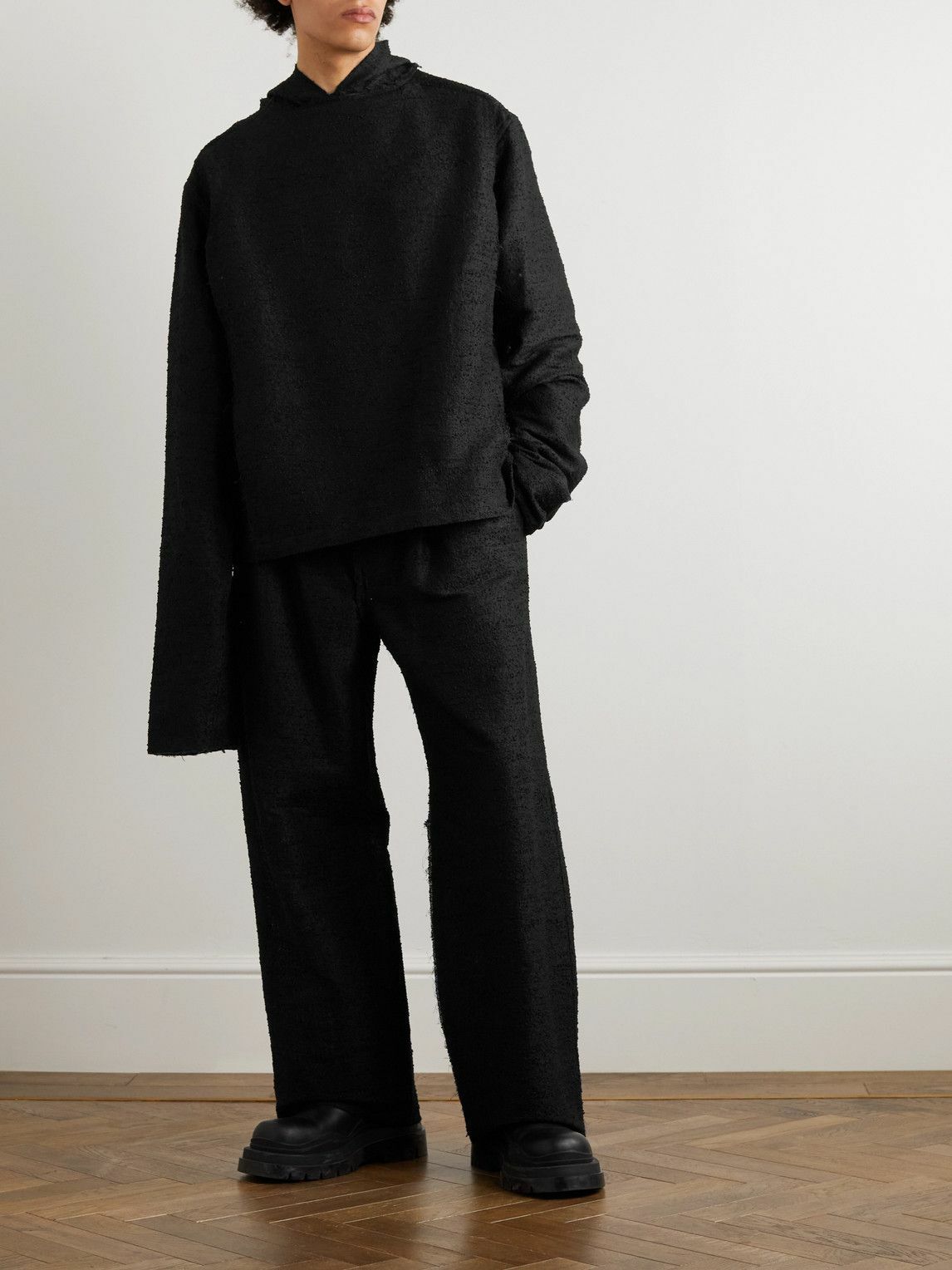 AIREI - Oversized Distressed Wool-Blend Bouclé Hoodie - Black