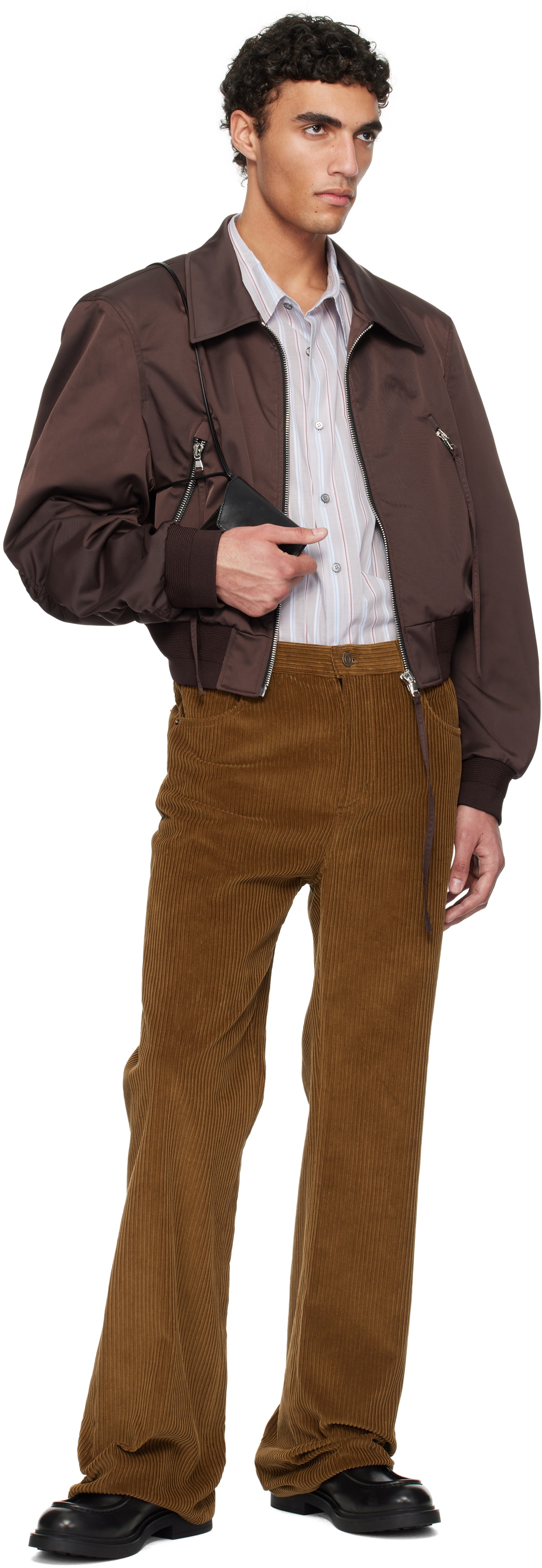 RECTO Brown Zipper Details Structured Tim Bomber Jacket Recto