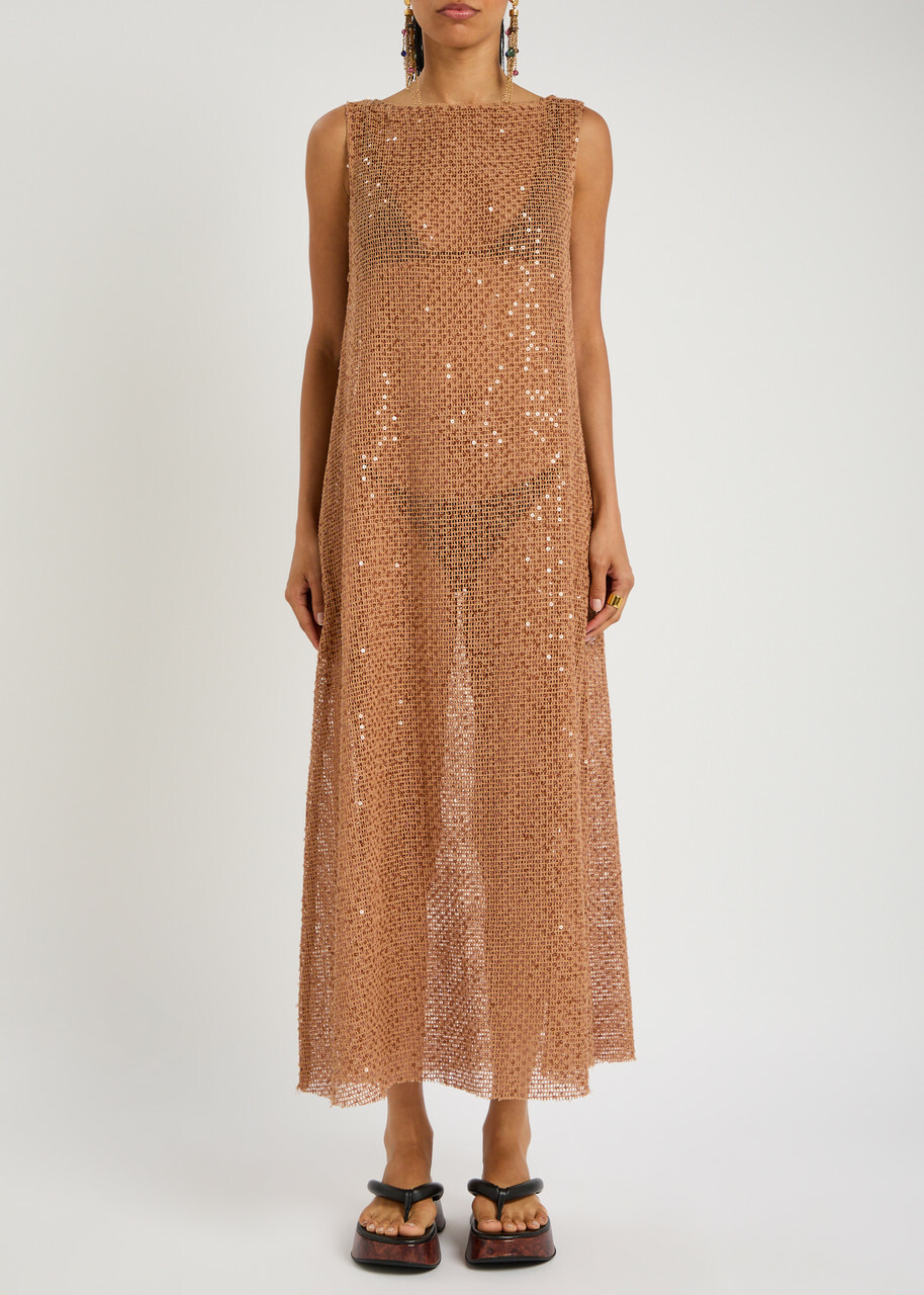 Bec & Bridge Margo Sequin-embellished Open-knit Maxi Dress Camel